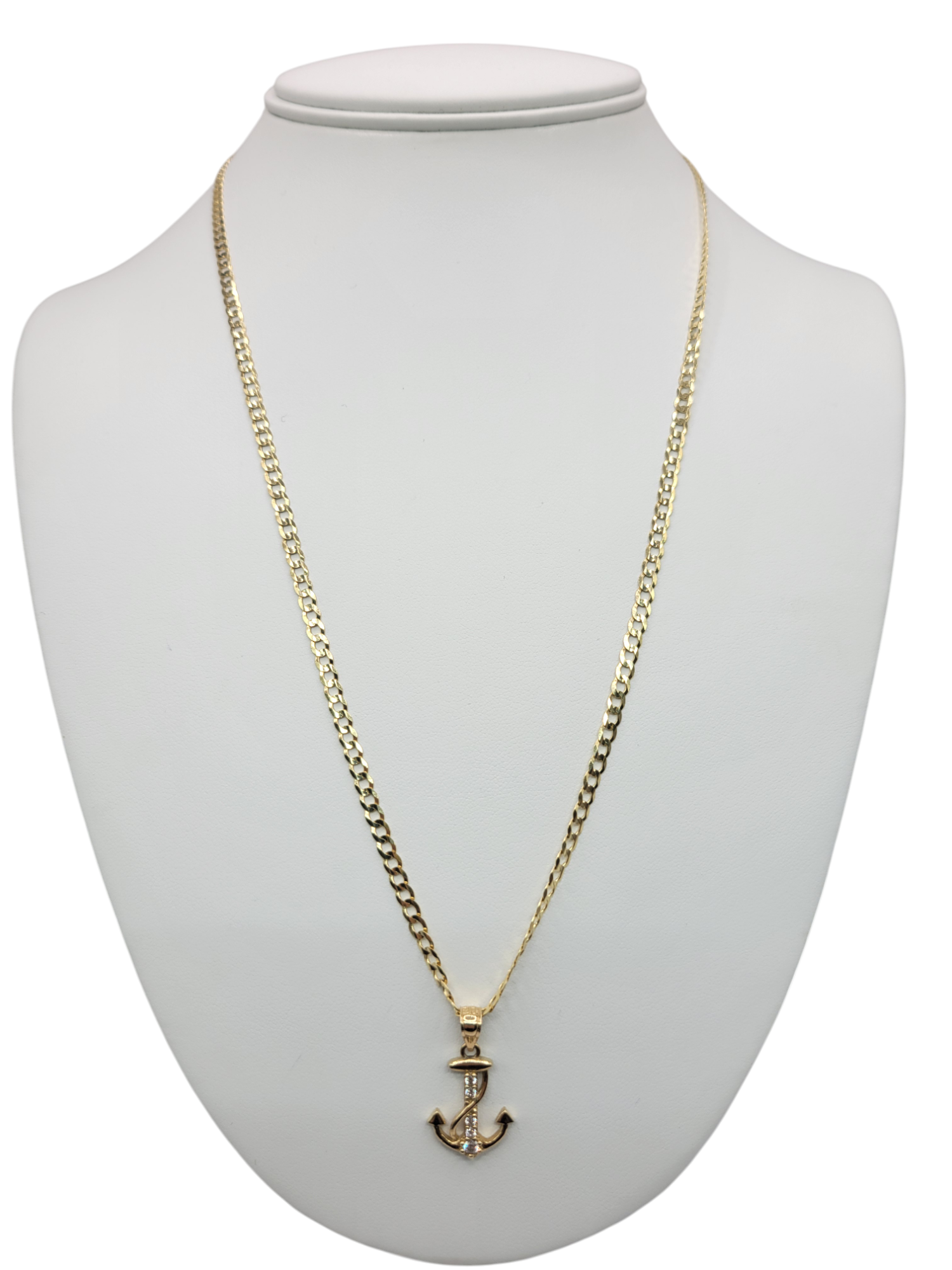 10K Gold Cuban Chain. Anchor Pendant. 22in. 3mm