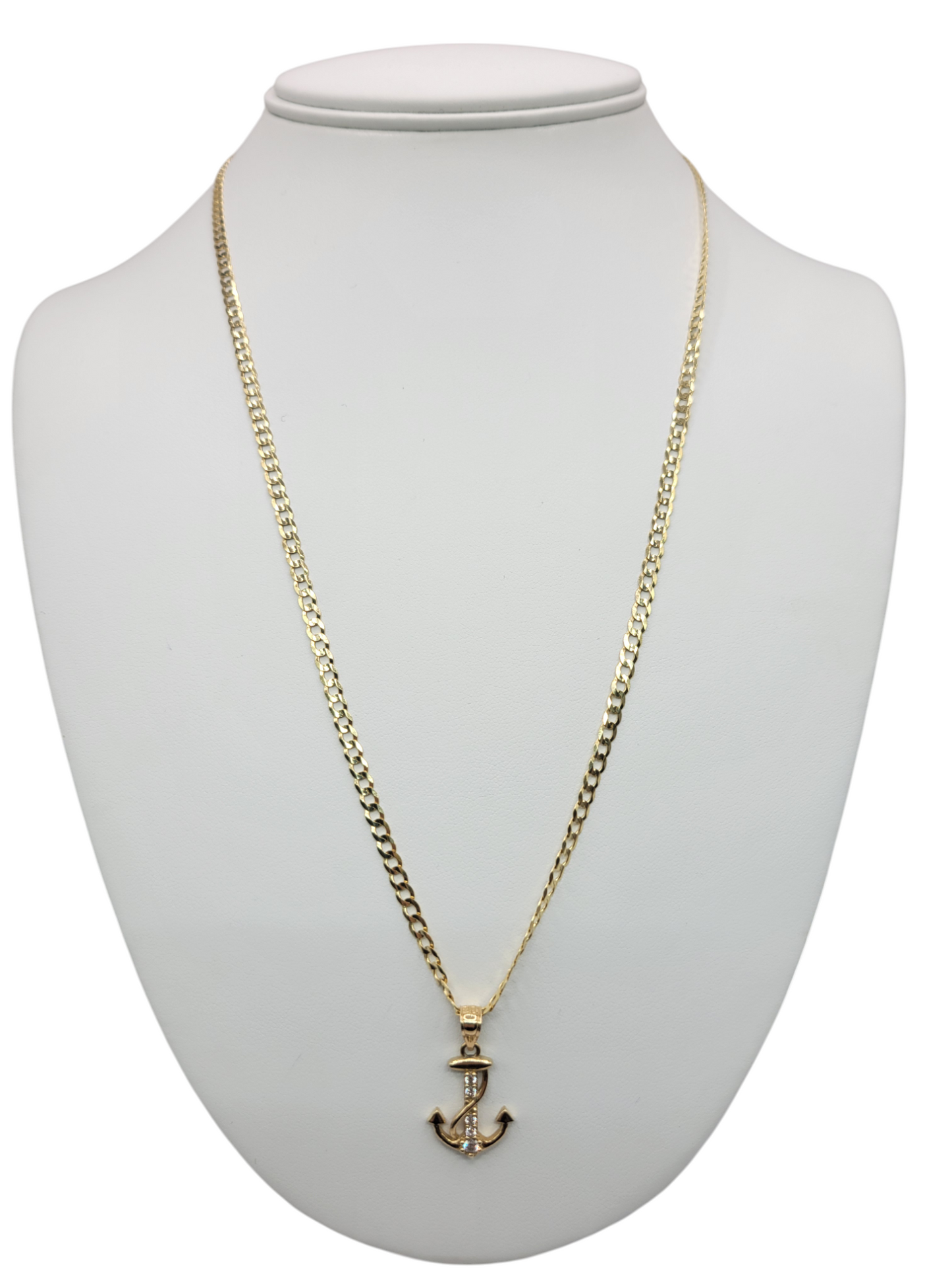 10K Gold Cuban Chain. Anchor Pendant. 22in. 3mm