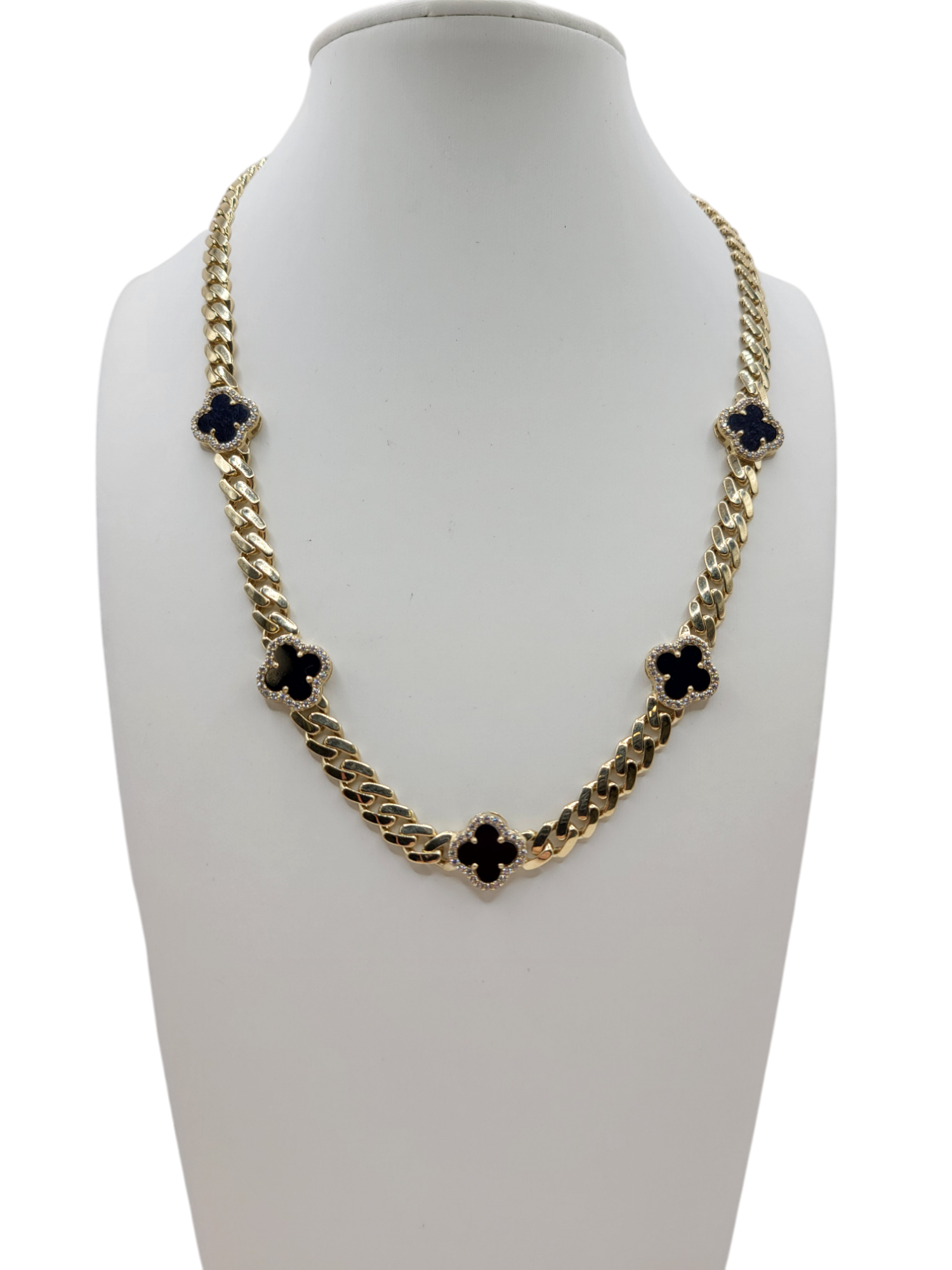 10K Gold Chain. Black Flowers. CZ Stone Clasp. 16in. 6mm
