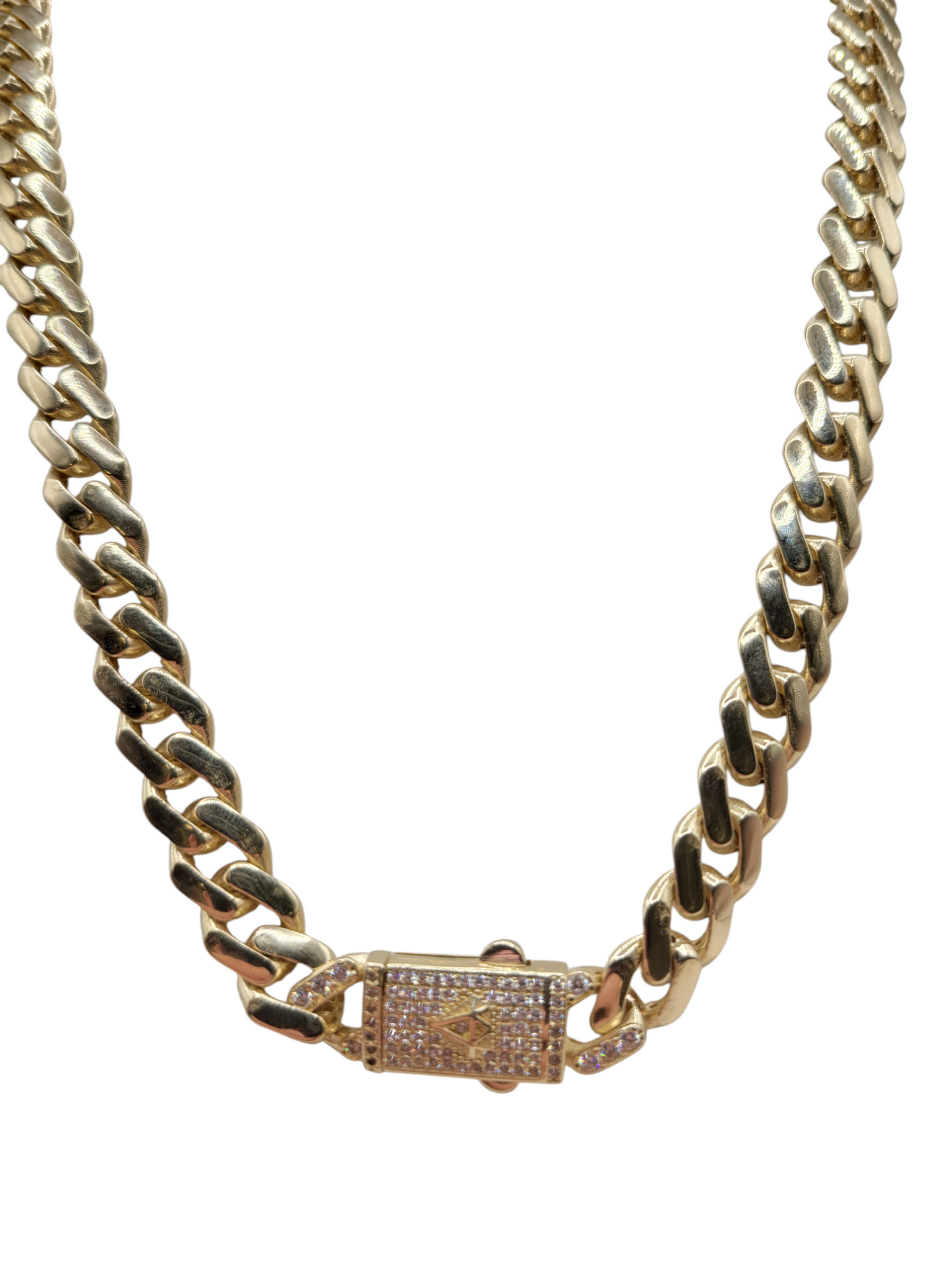 10K Gold Cuban Chain with CZ Stone Clasp. 24in. 9mm