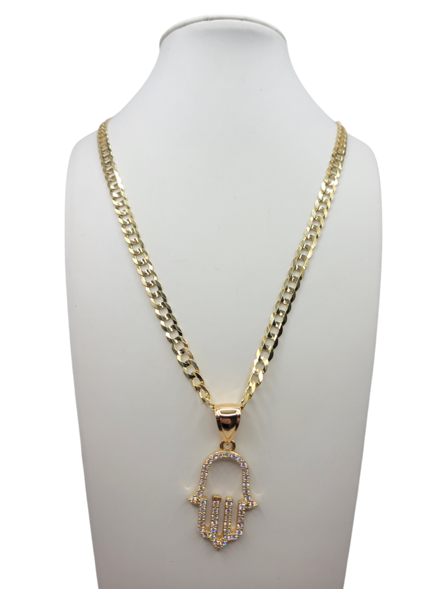 10K gold Cuban chain. Hand of Fatima pendant with CZ stones. 24in . 6mm