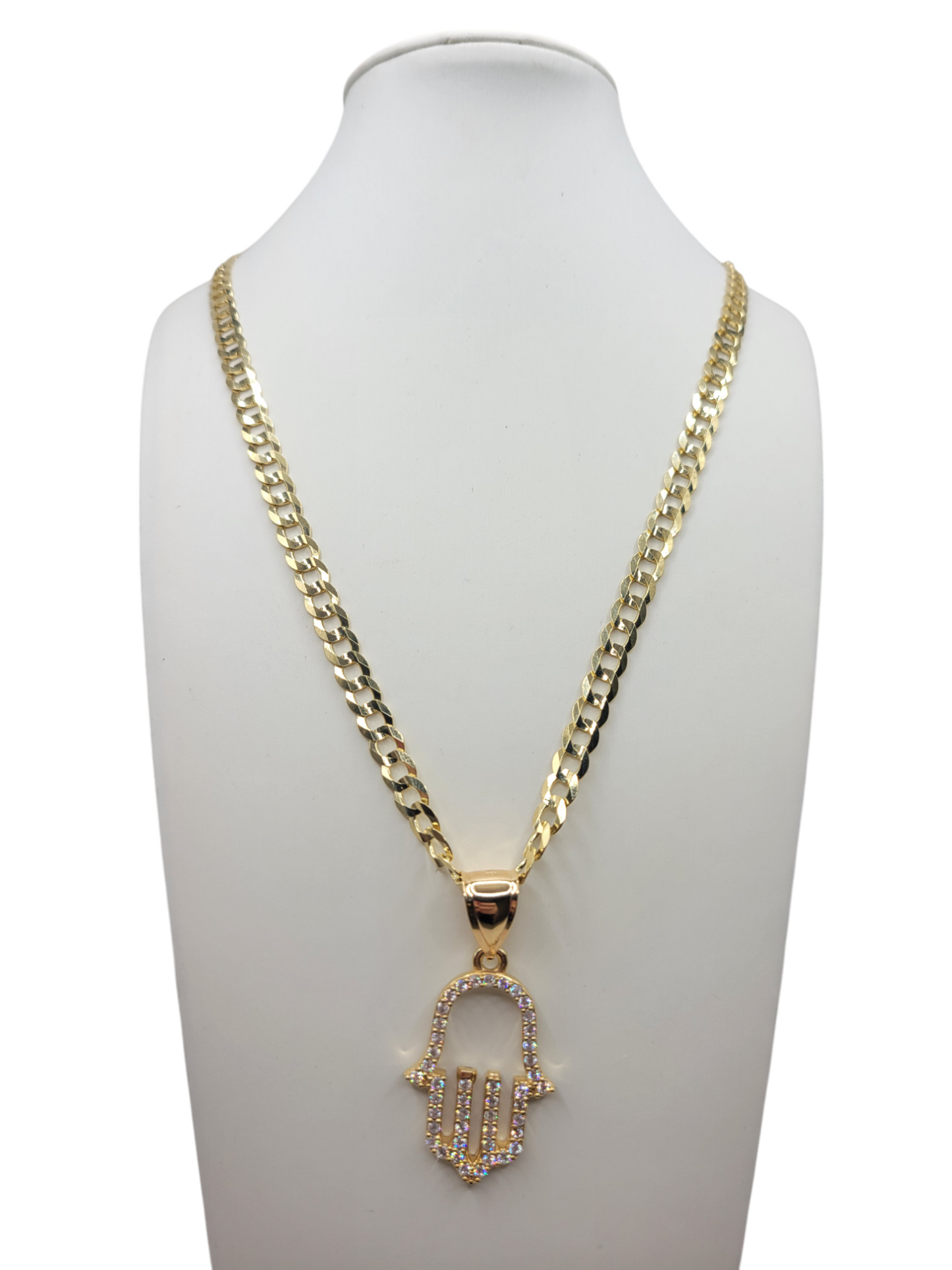 10K gold Cuban chain. Hand of Fatima pendant with CZ stones. 24in . 6mm