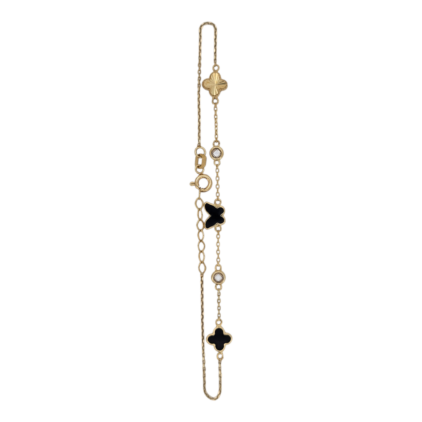 10K gold bracelet. Butterfly and four-petaled flower. 8in . 1mm