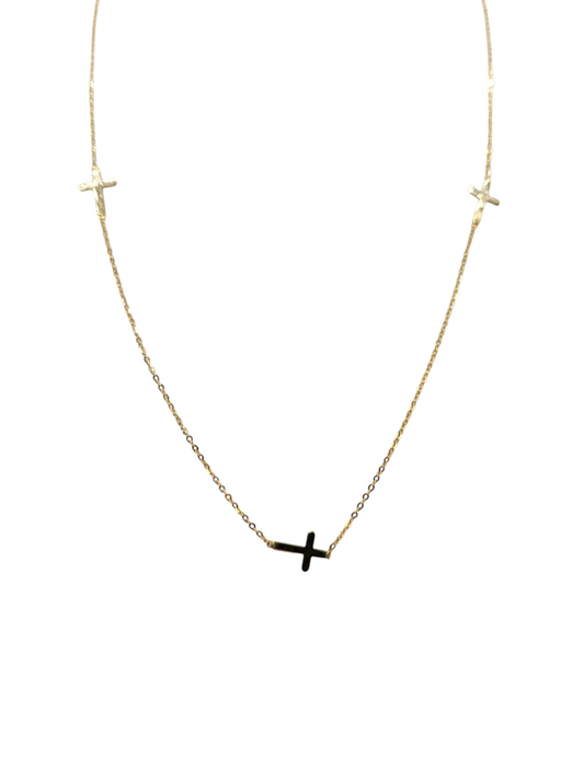 14K gold necklace. 3 crosses. 18in . 1mm