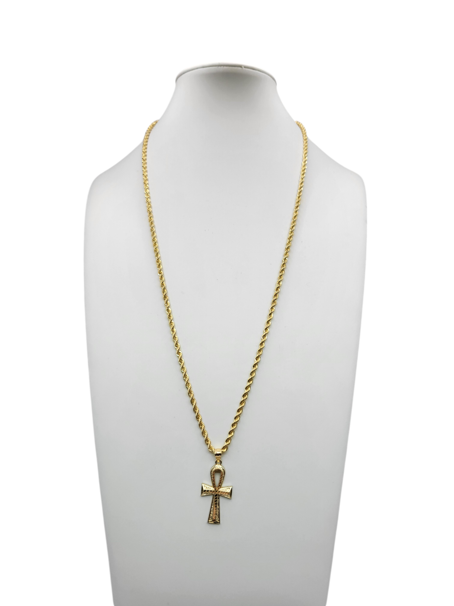 10K gold chain with Egyptian cross pendant. 24 inches. 3 mm.