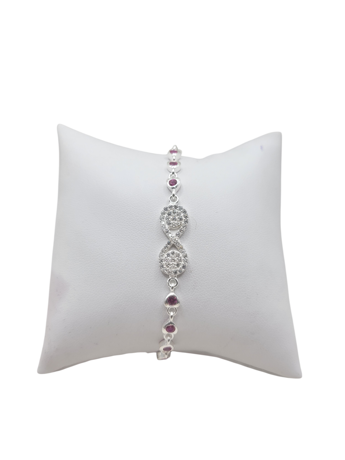 925 Sterling Silver Infinity Symbol Bracelet with Red CZ Stone. 8 in. 3 mm