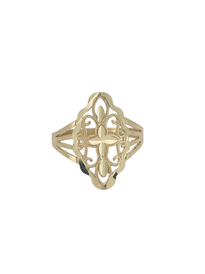 10K gold ring. Walnut shape with central cross. Size 9