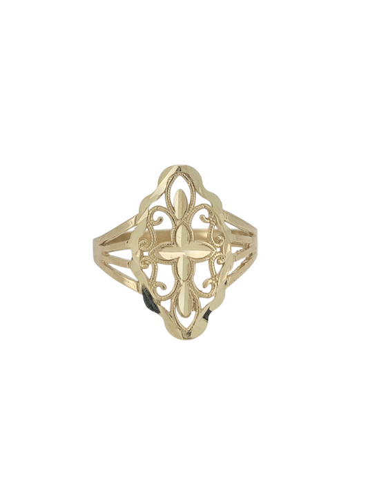 10K gold ring. Walnut shape with central cross. Size 9