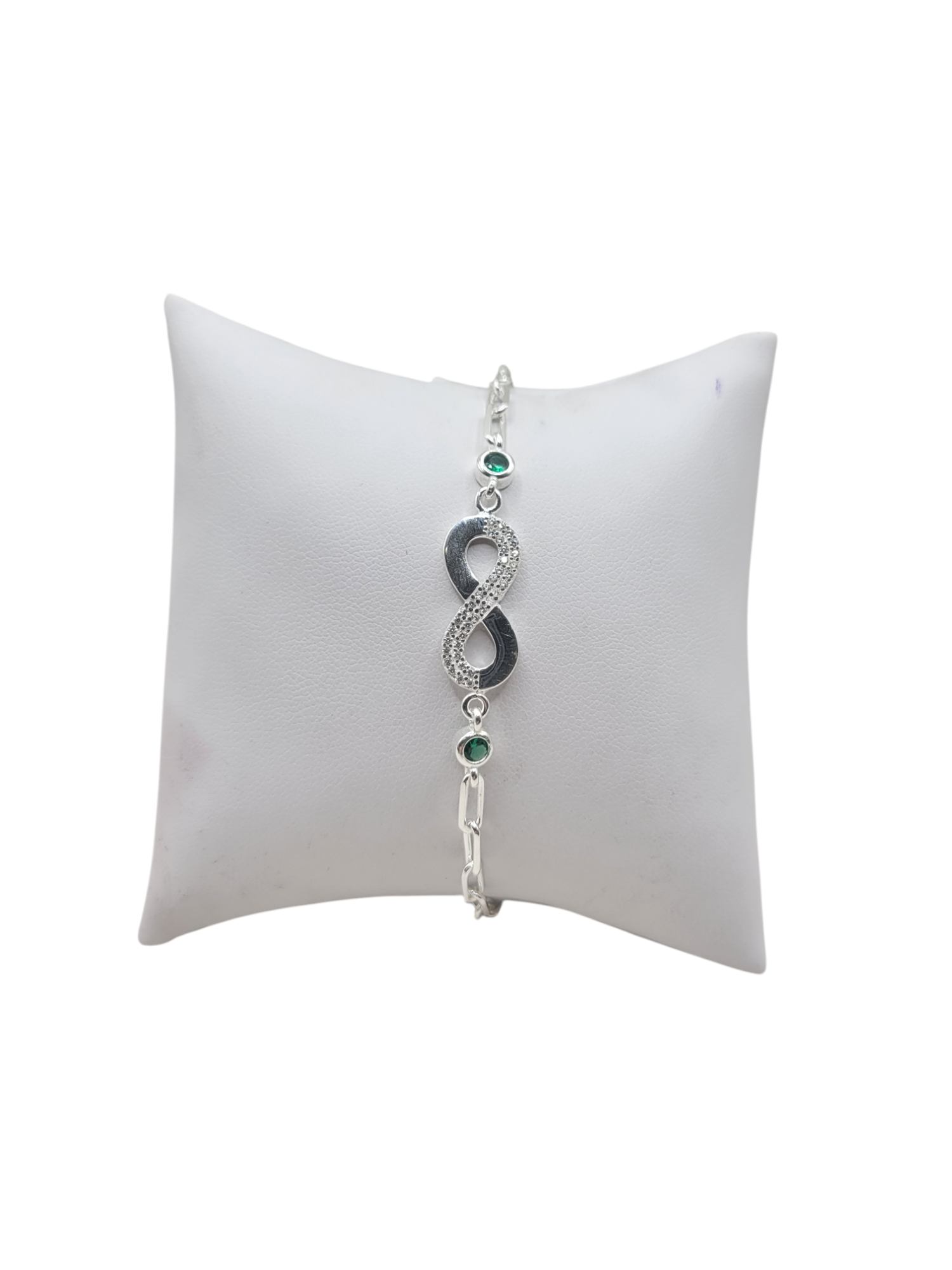 925 Sterling Silver Bracelet. Simple Infinity Symbol with Green CZ Stone. 7.5in. 3mm