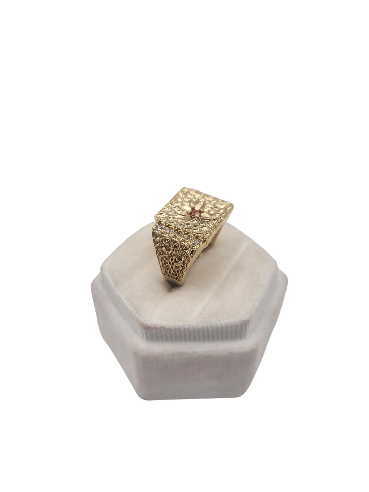 10K gold ring, nugget style, with red CZ stone. Size 8