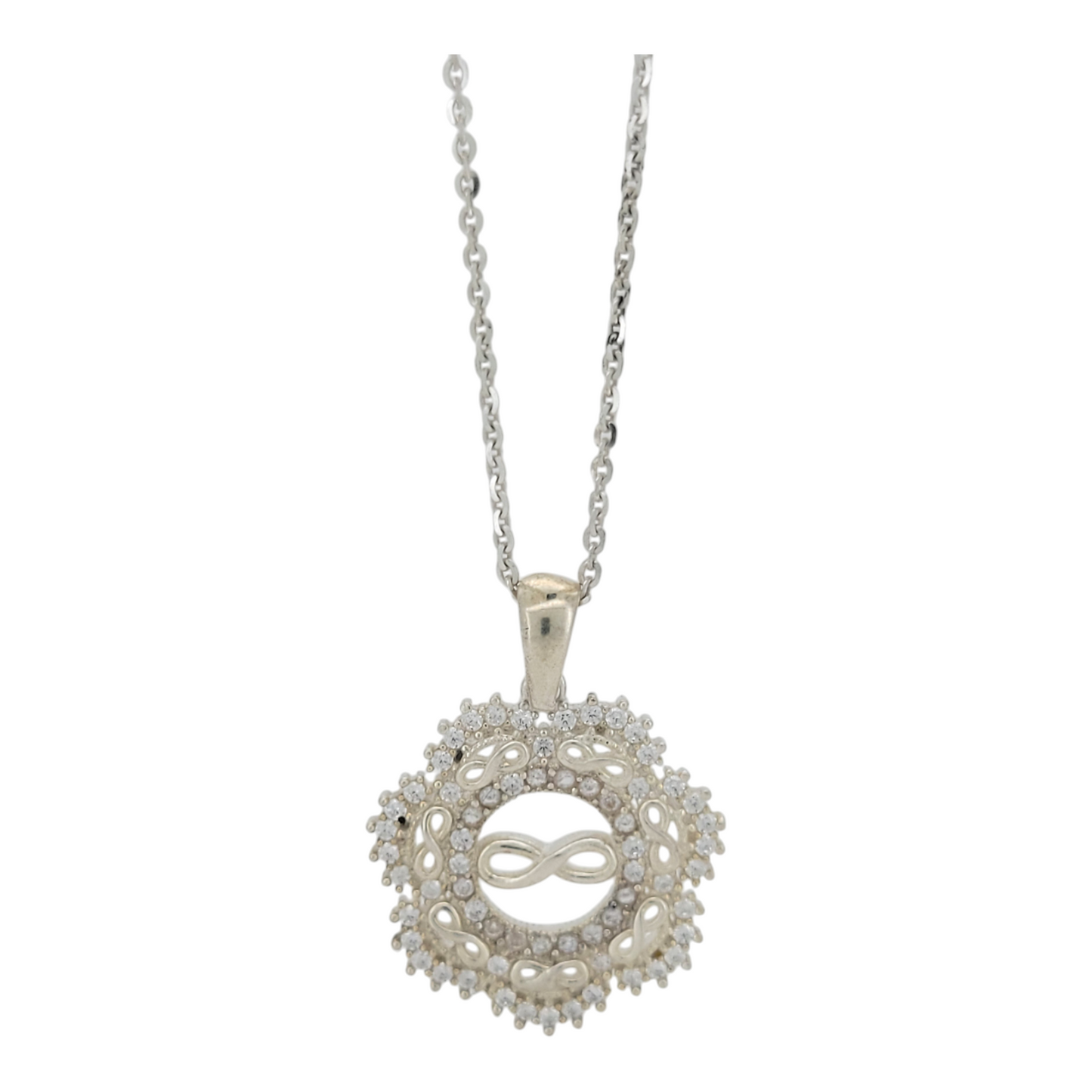 925 sterling silver chain. Flower pendant with infinity symbols. 18in. 1mm