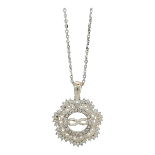 925 sterling silver chain. Flower pendant with infinity symbols. 18in. 1mm