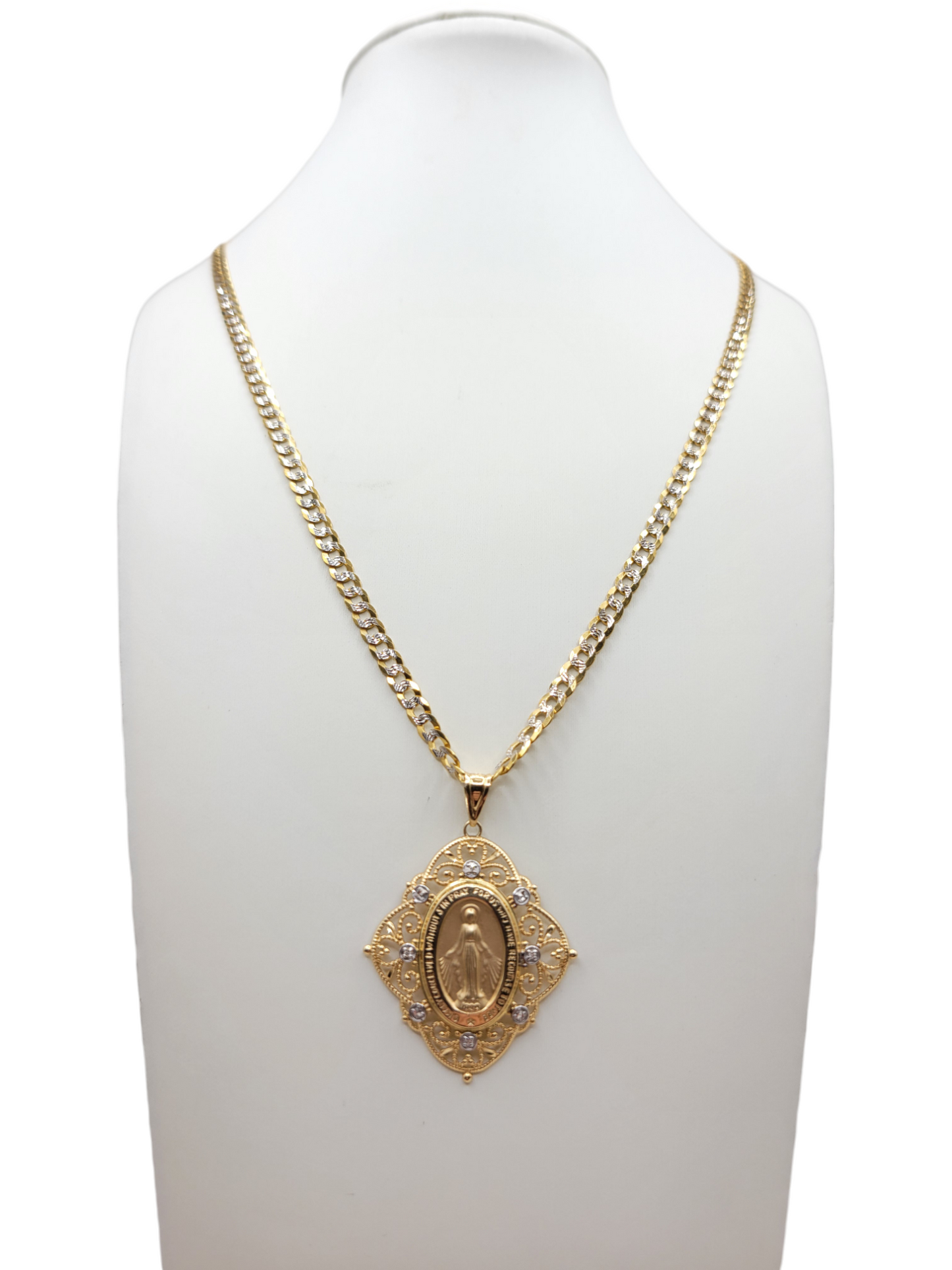 14K Gold Cuban Chain. Virgin Mary Pendant with CZ Stone. 24in. 4mm