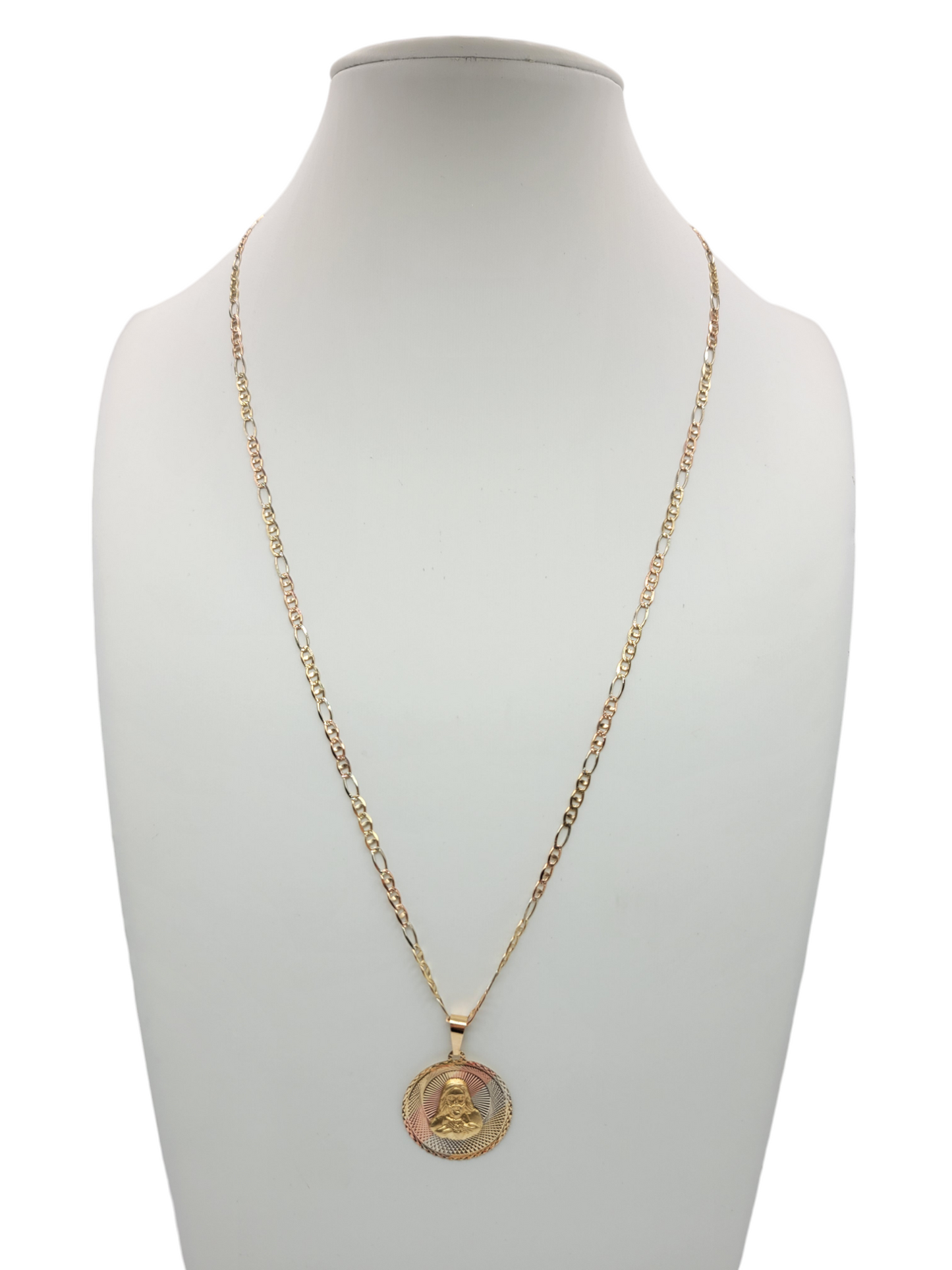 10K gold chain. Round pendant with the face of Jesus. Figaro style. 3 colors. 22in. 3mm