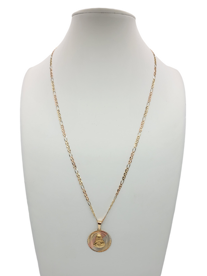 10K gold chain. Round pendant with the face of Jesus. Figaro style. 3 colors. 22in. 3mm