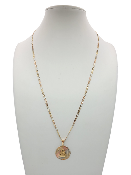 10K gold chain. Round pendant with the face of Jesus. Figaro style. 3 colors. 22in. 3mm