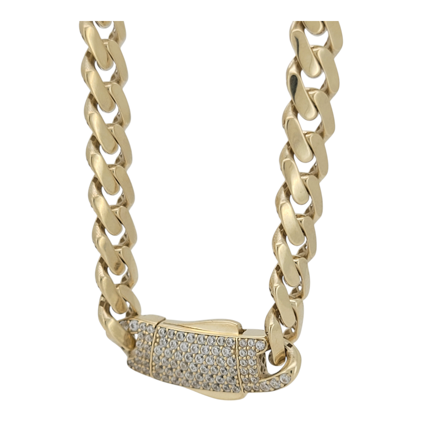 10K gold Cuban link chain, Monaci style. Clasp with CZ stone. 18in. 6mm