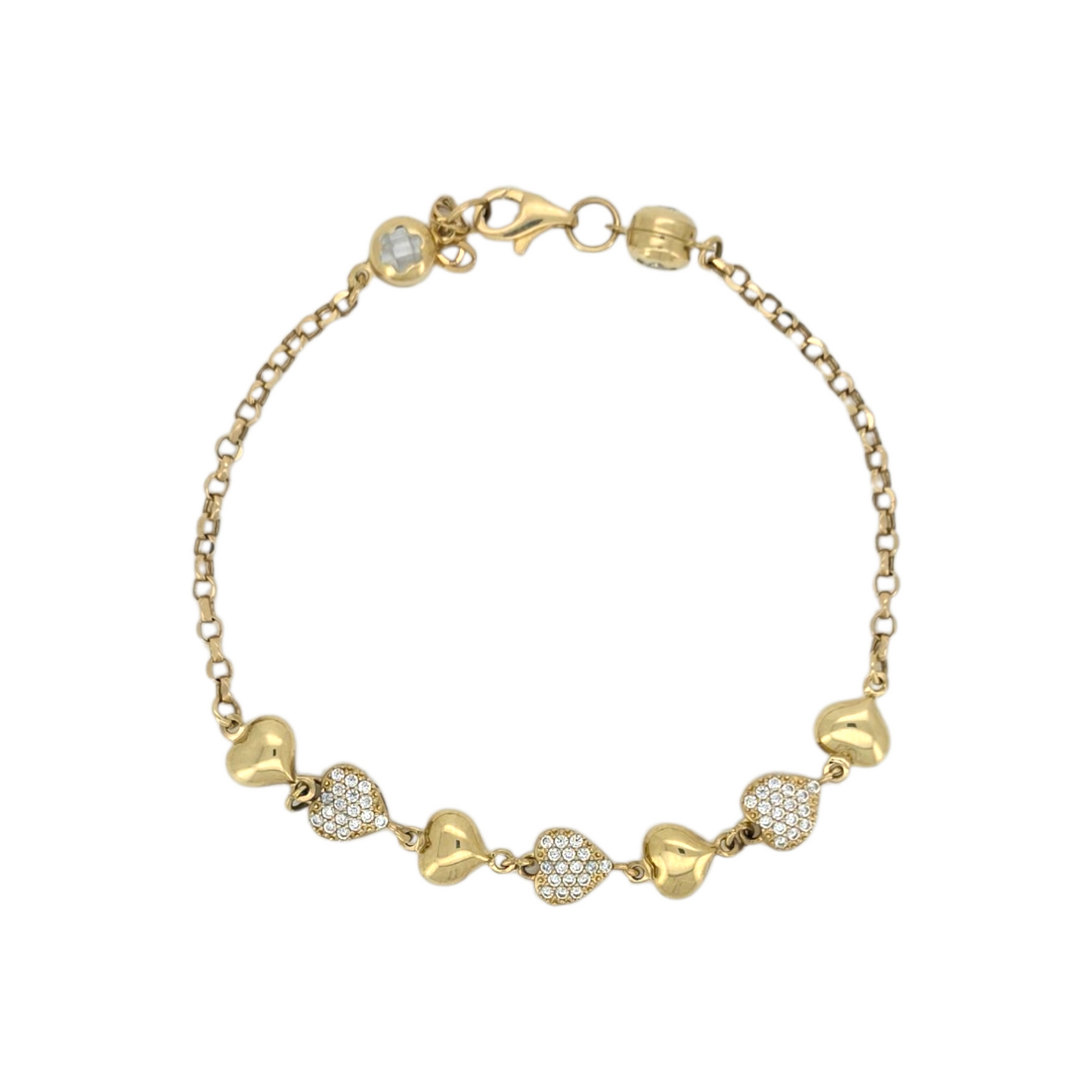 10k Gold Heart Bracelet. CZ Stones. 6.5mm-7.5in