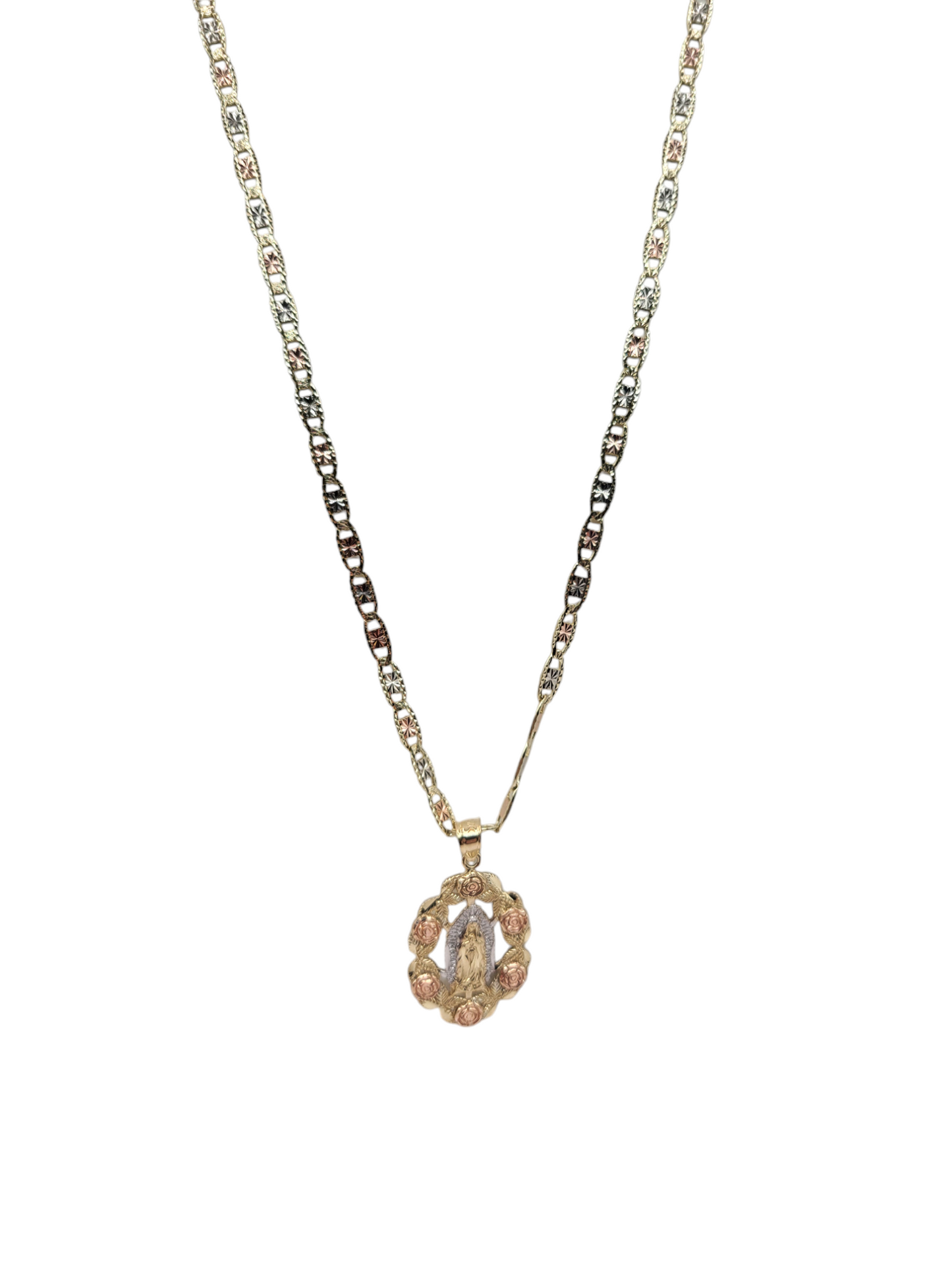 Valentino Marinero 10K gold chain. 3 colors. Virgin of Guadalupe pendant. 24 inches. 4 mm.