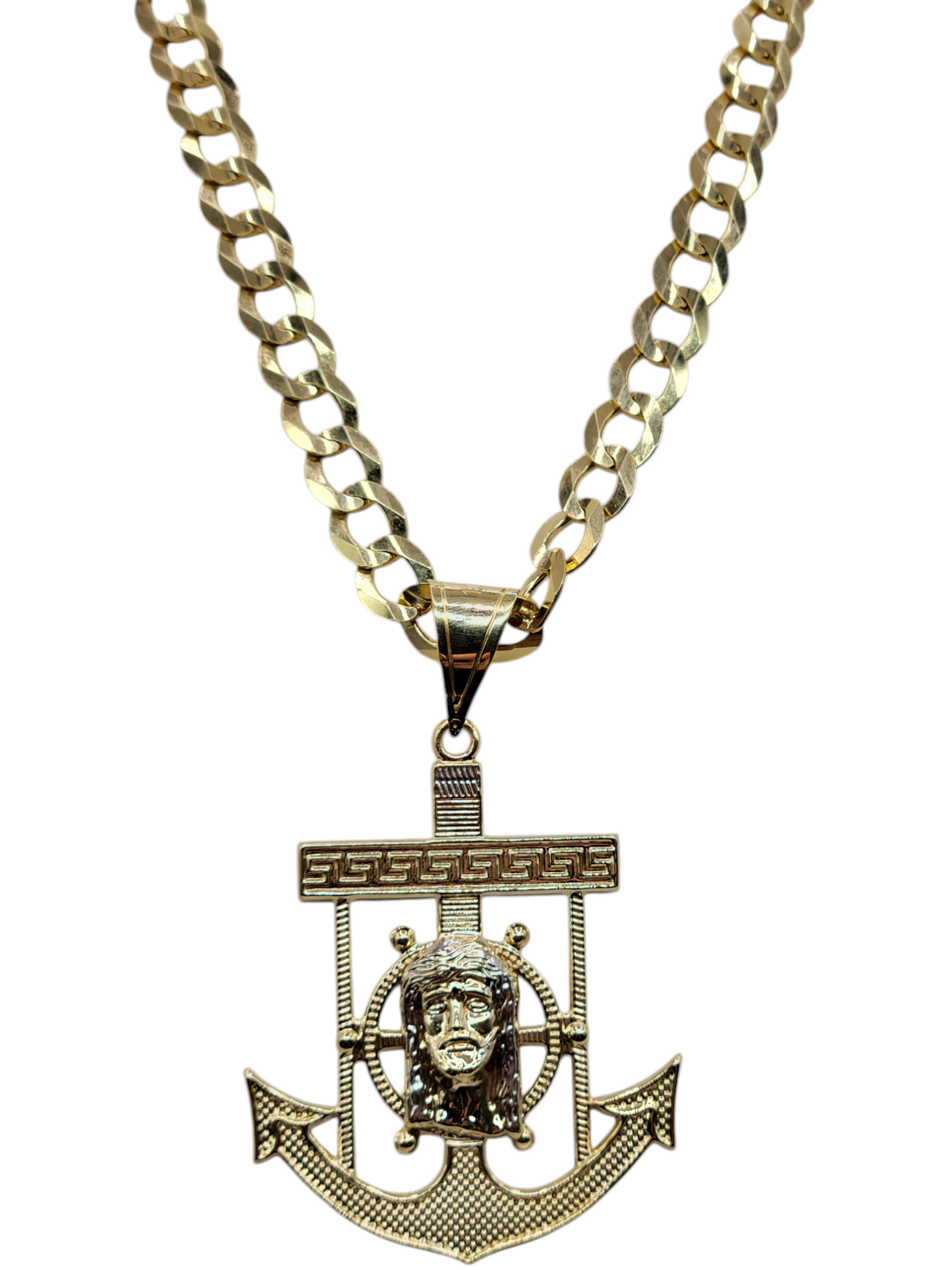 10k gold Cuban chain, 22 inches, 9.3 mm. Anchor pendant with Jesus.