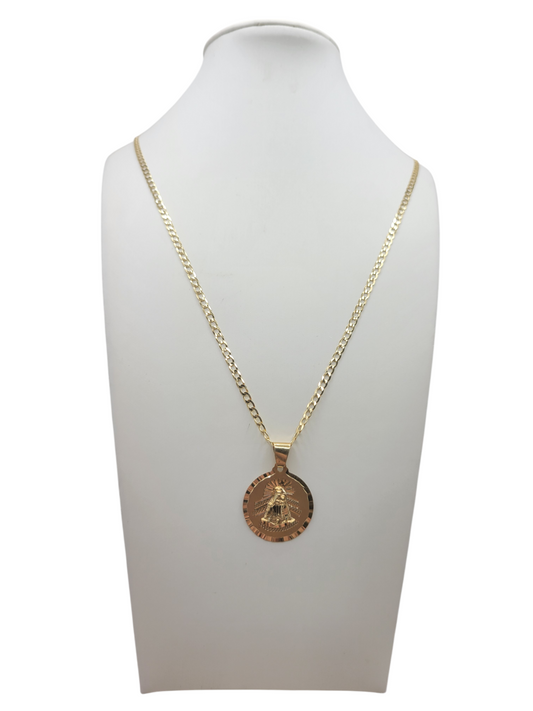 10K gold chain. Round Virgin of Charity pendant. 24in . 3mm