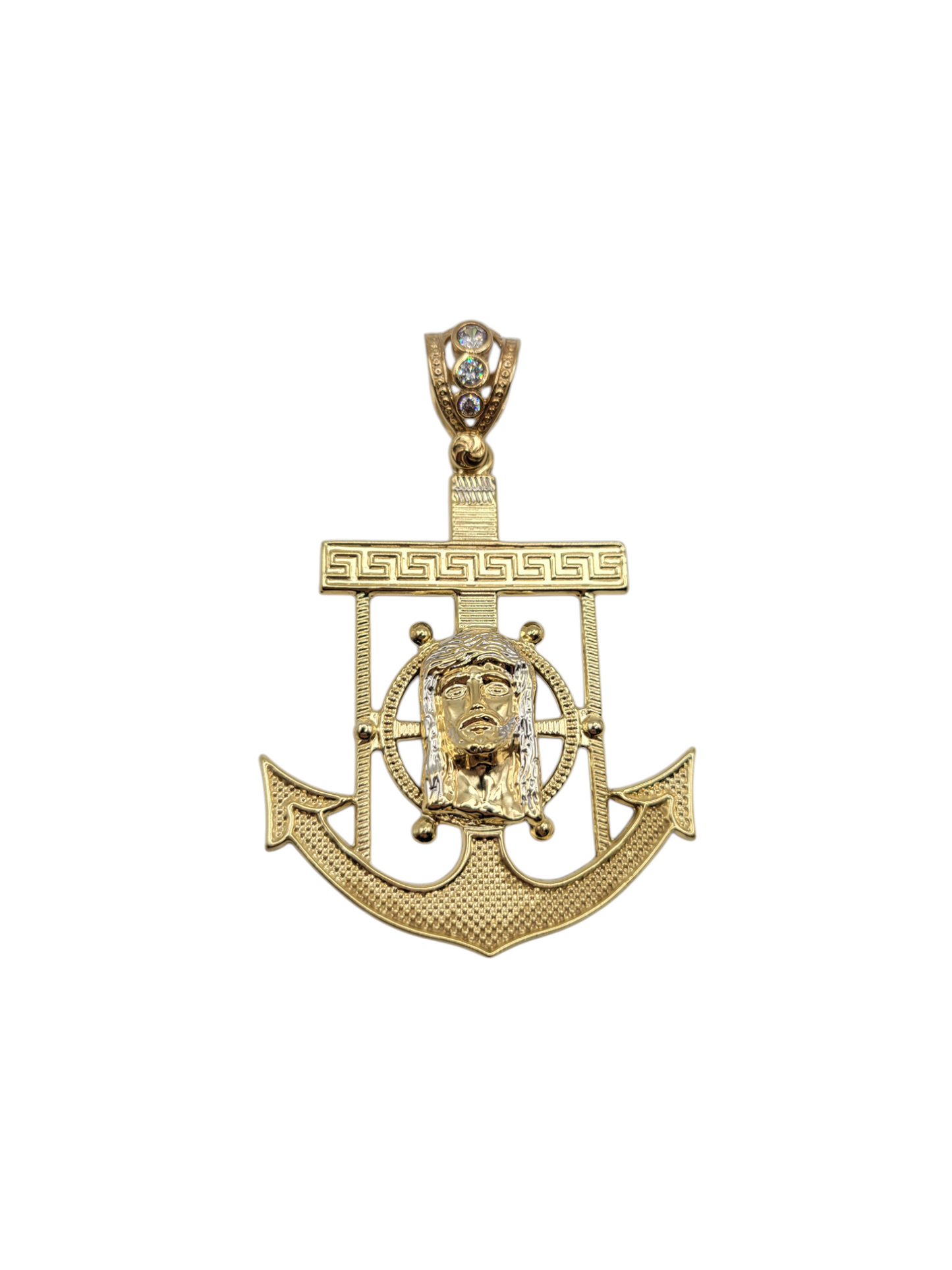 10K gold anchor pendant with the face of Jesus.