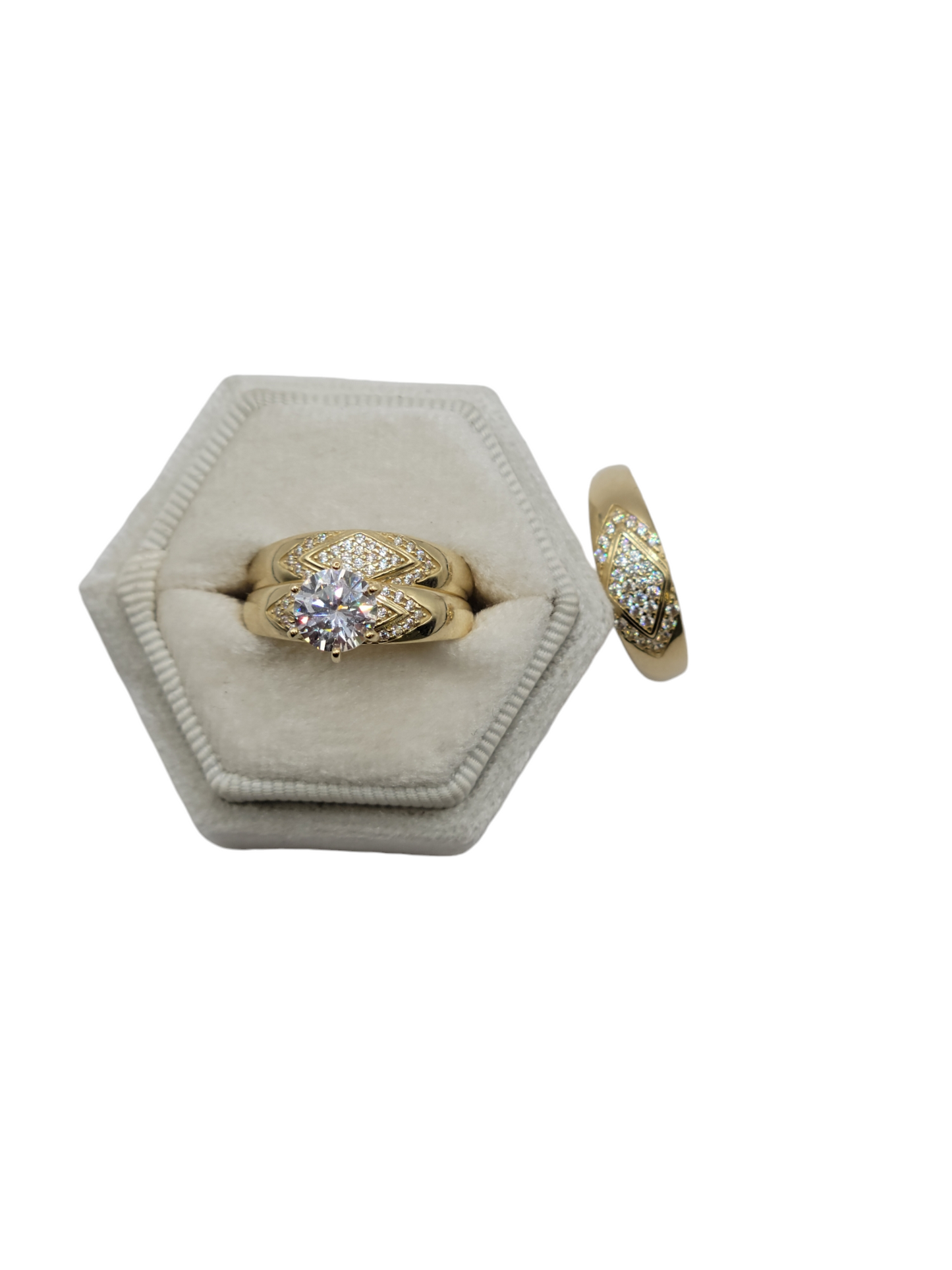 Trio of 10k gold engagement rings for "HIM" and "HER" with CZ stones