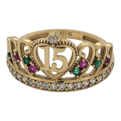 10K gold ring. Quinceañera. Crown with pink, green, and white CZ stones. Size 7