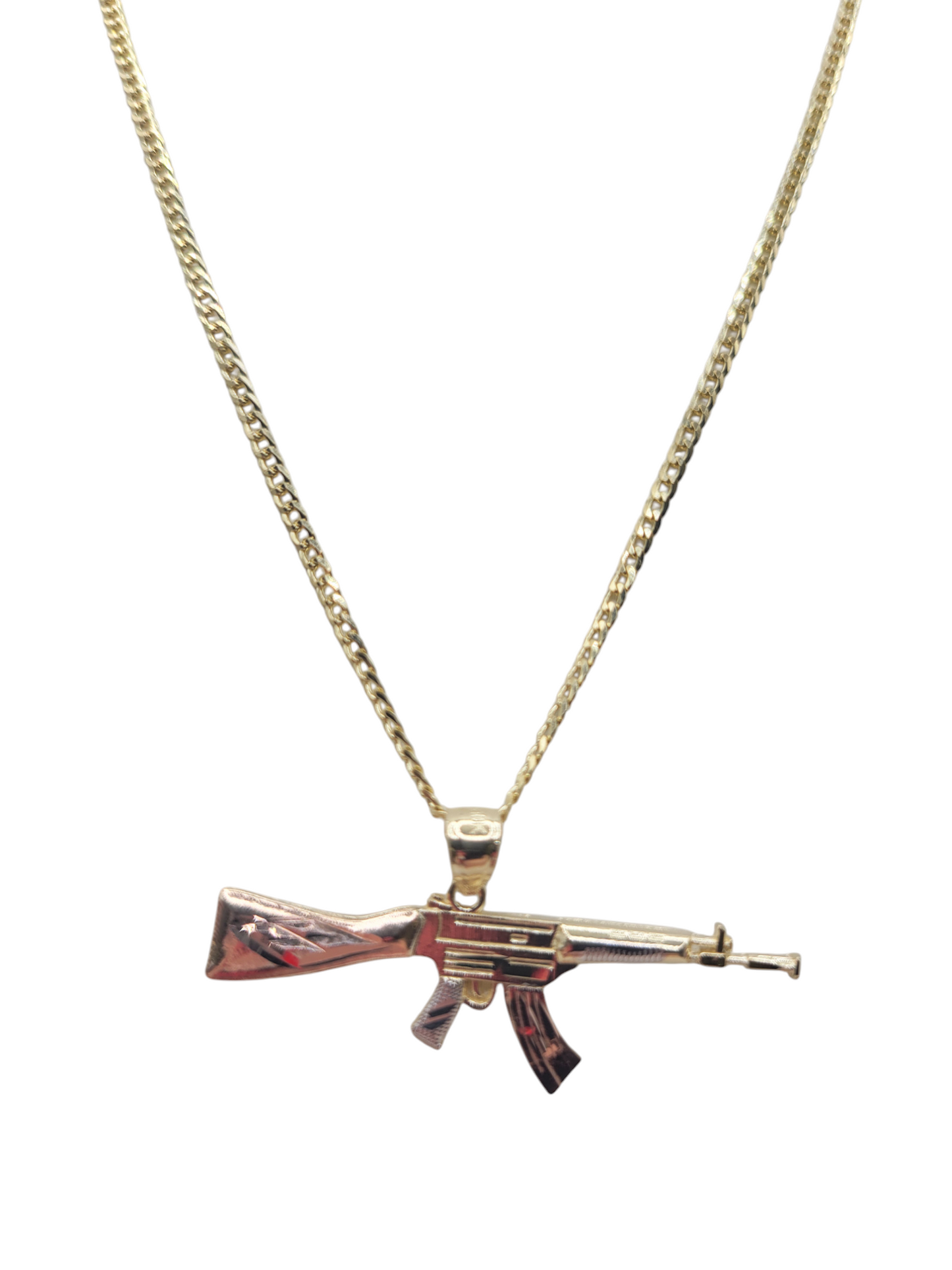 10K Gold Cuban Chain. Gun Pendant. 24in. 2mm