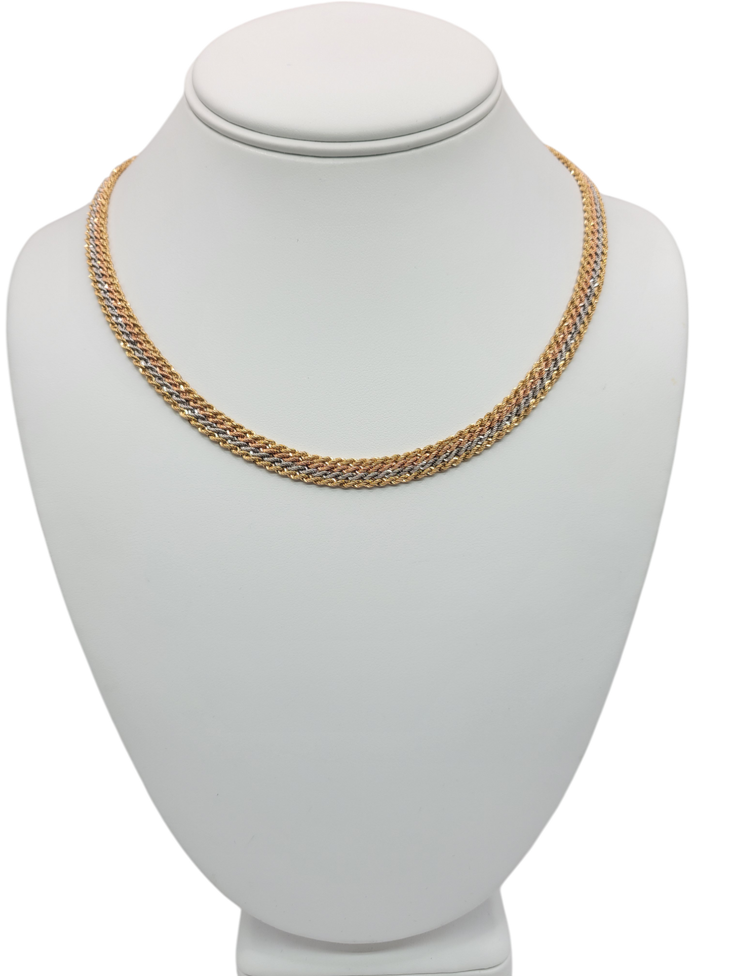 14K gold necklace. Three-color weave. 18in . 7mm