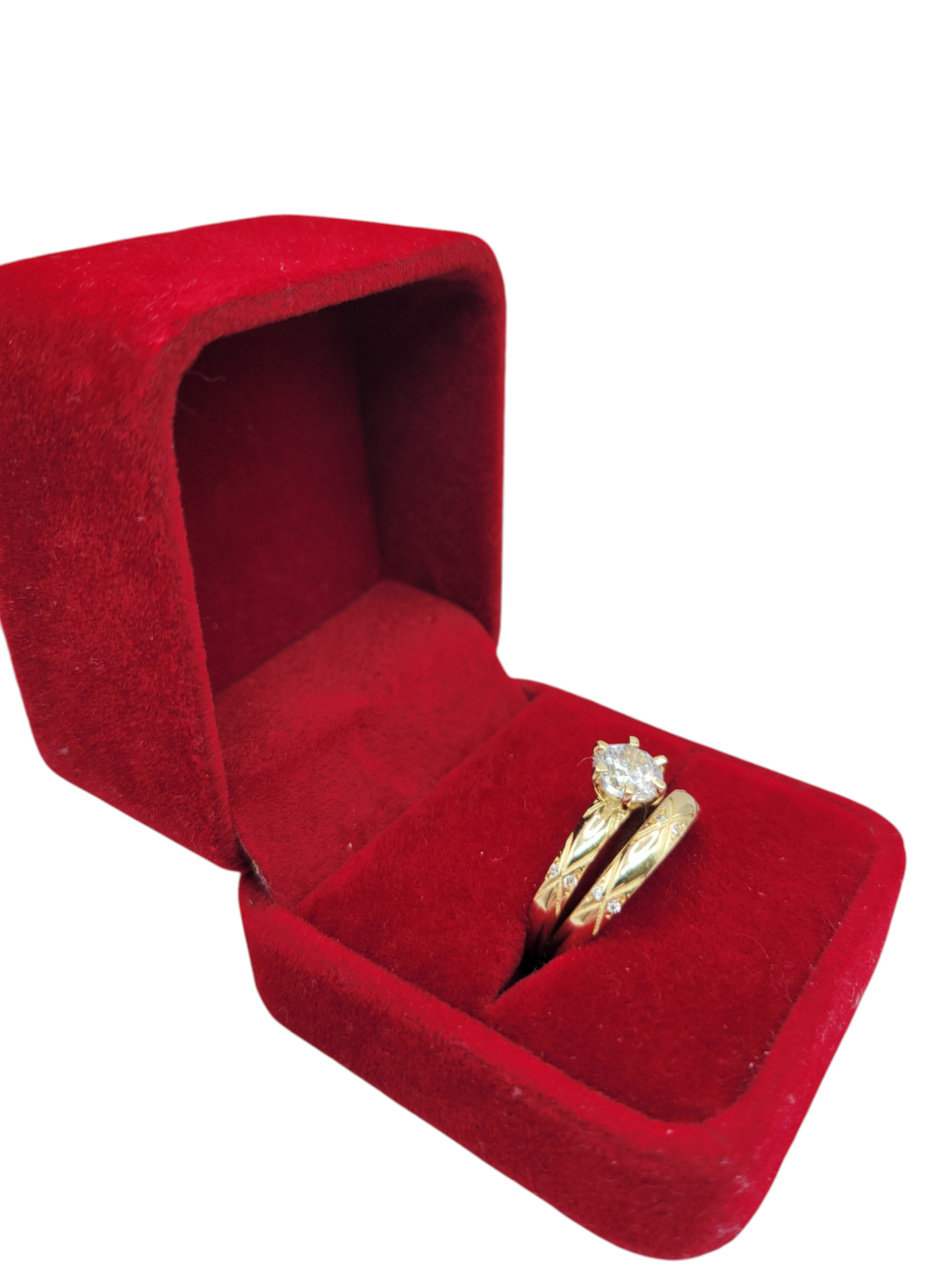 10K gold engagement rings. X-shaped design. Trio for men and women. Sizes 8.5 and 11.