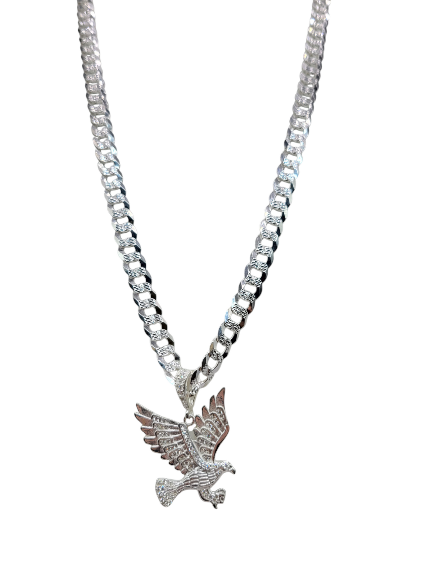 925 silver chain. Eagle pendant. CZ stone. 24 inches. 7 mm