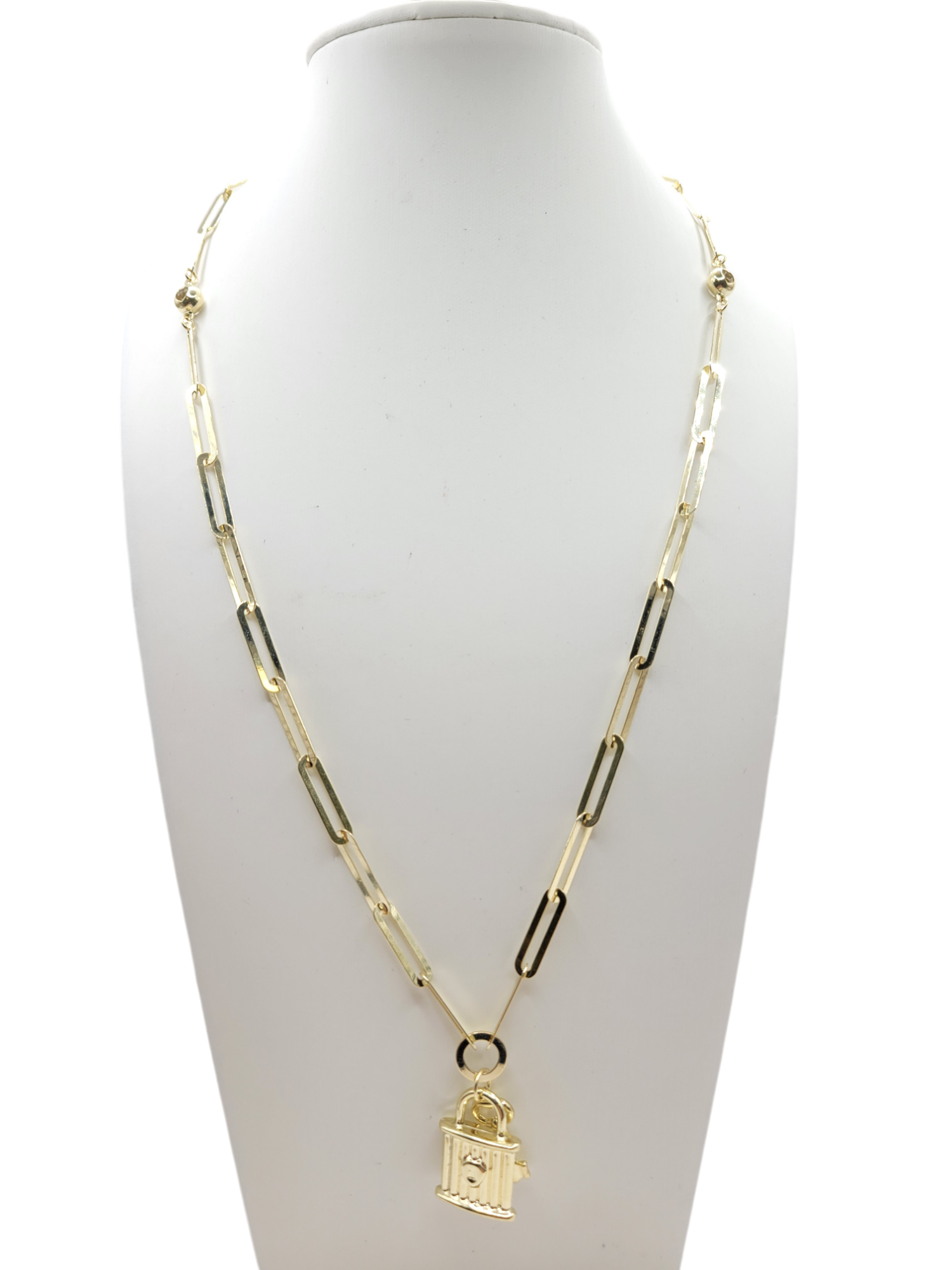 10K Gold Necklace. Lock and Key Pendant. 20in. 5mm