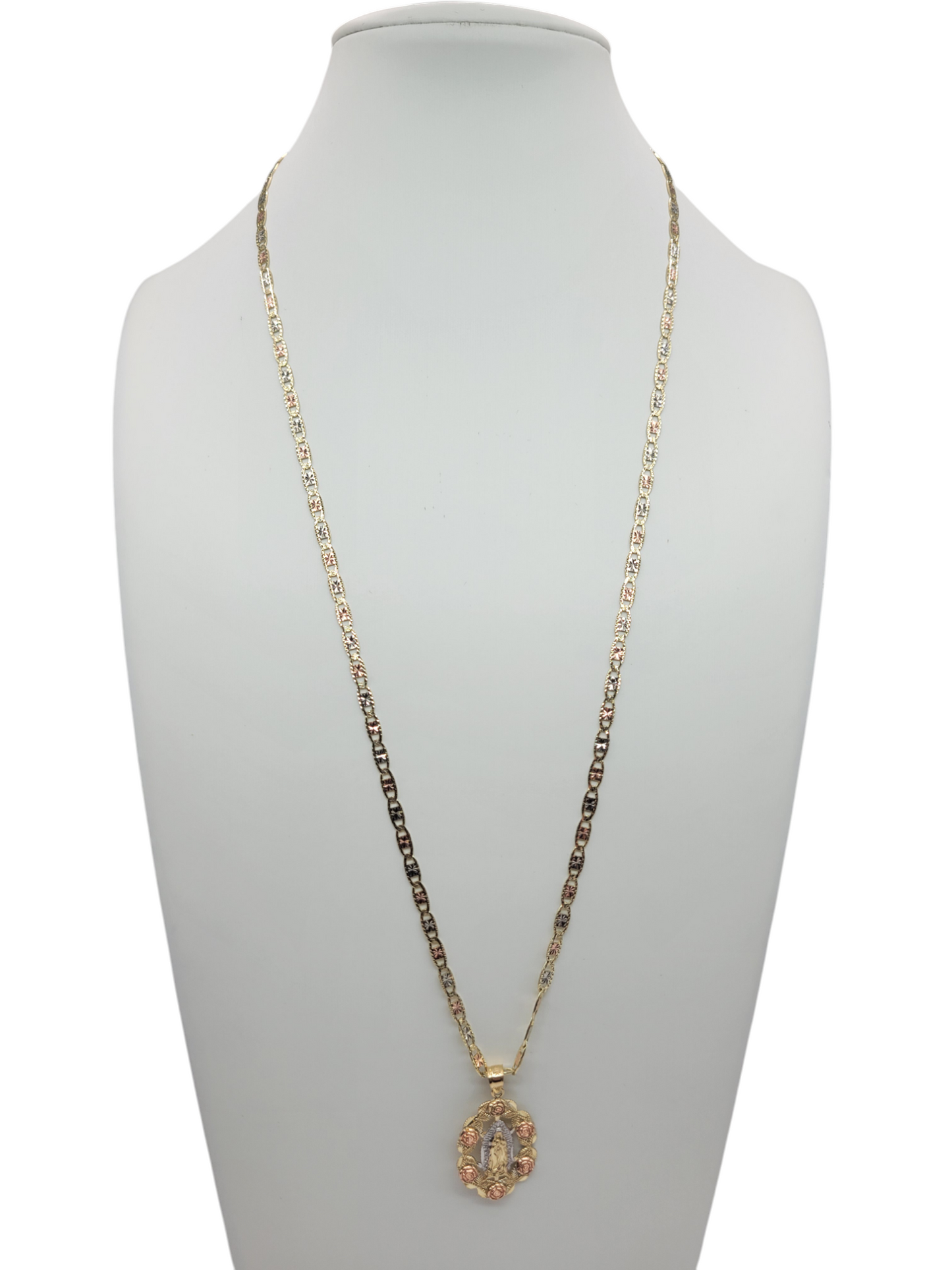 Valentino Marinero 10K gold chain. 3 colors. Virgin of Guadalupe pendant. 24 inches. 4 mm.