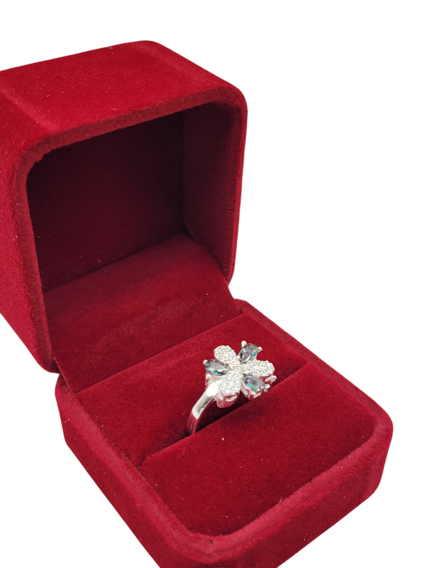 925 silver ring. Flower with a white and iridescent CZ stone. Size 7.5