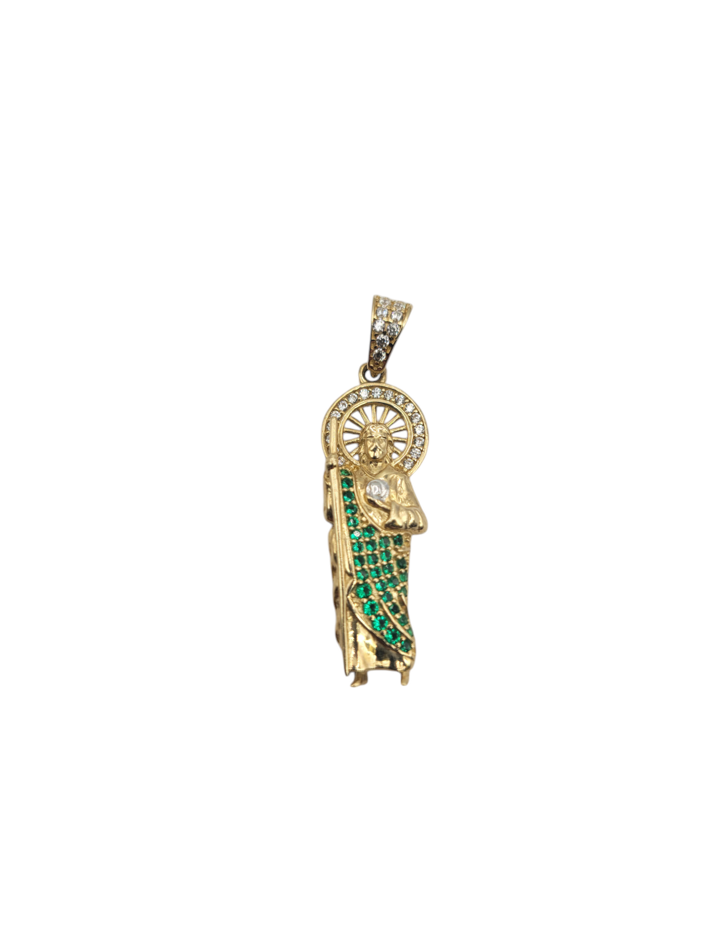 10K gold pendant. Saint Jude. green CZ stone