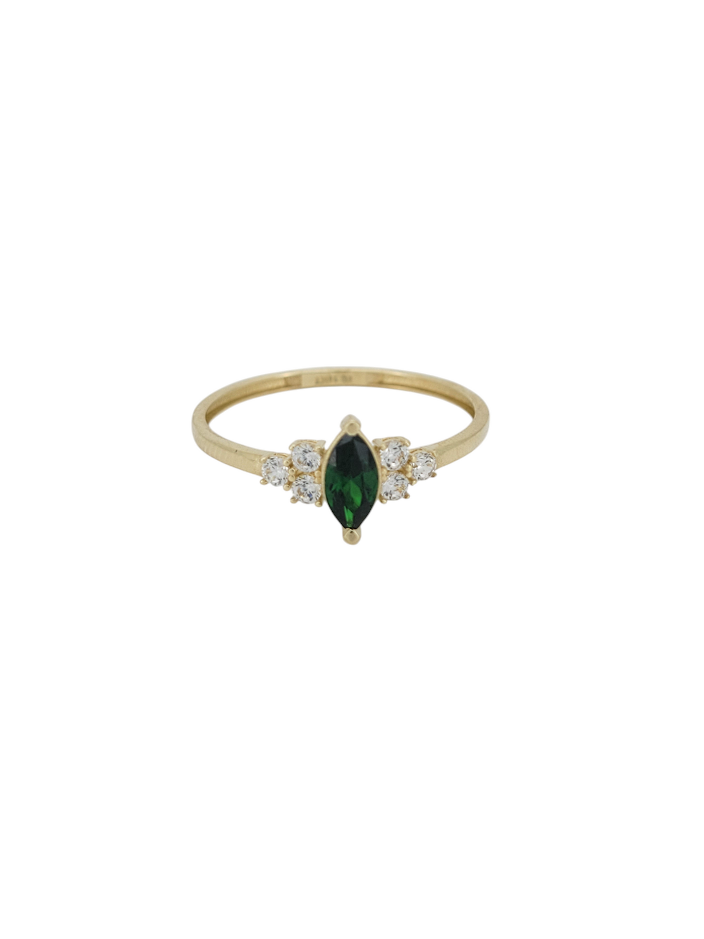 10K gold ring. Green diamond-shaped stone. CZ stones. Size 9