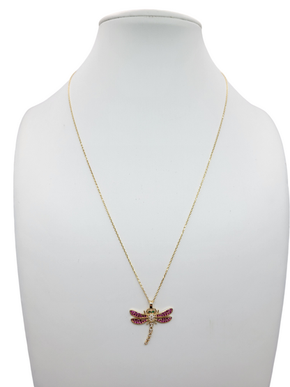 10K gold chain. dragonfly. 19in. 1mm. CZ stone