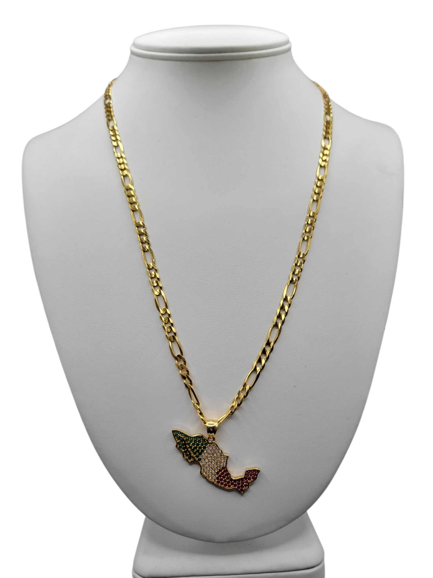 Solid 14K gold Figaro chain. Territory of Mexico pendant. CZ stone. 22 inches. 4.5 mm.