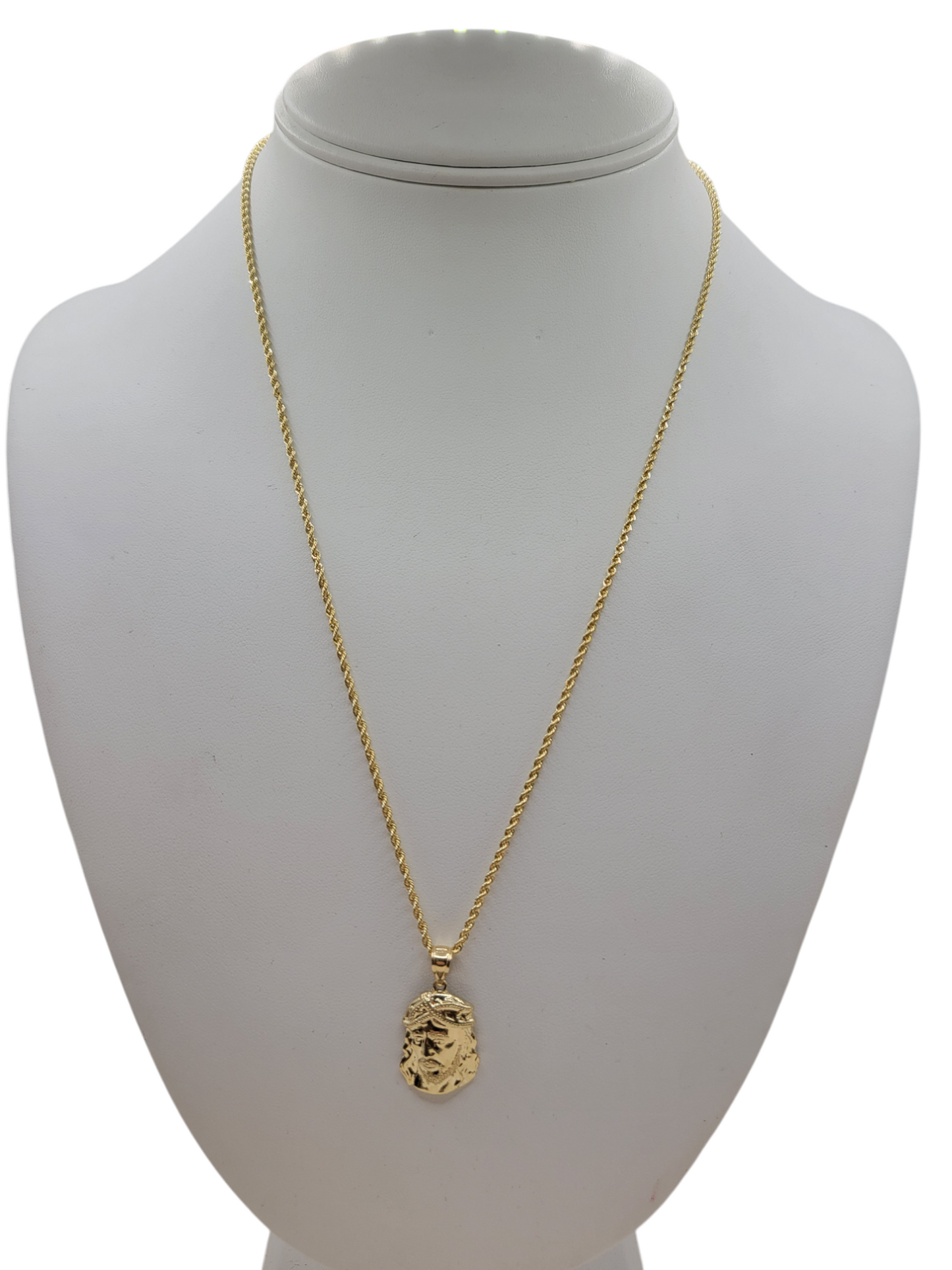10K Gold Rope Chain. Medium Jesus Pendant. 20in. 1.6mm