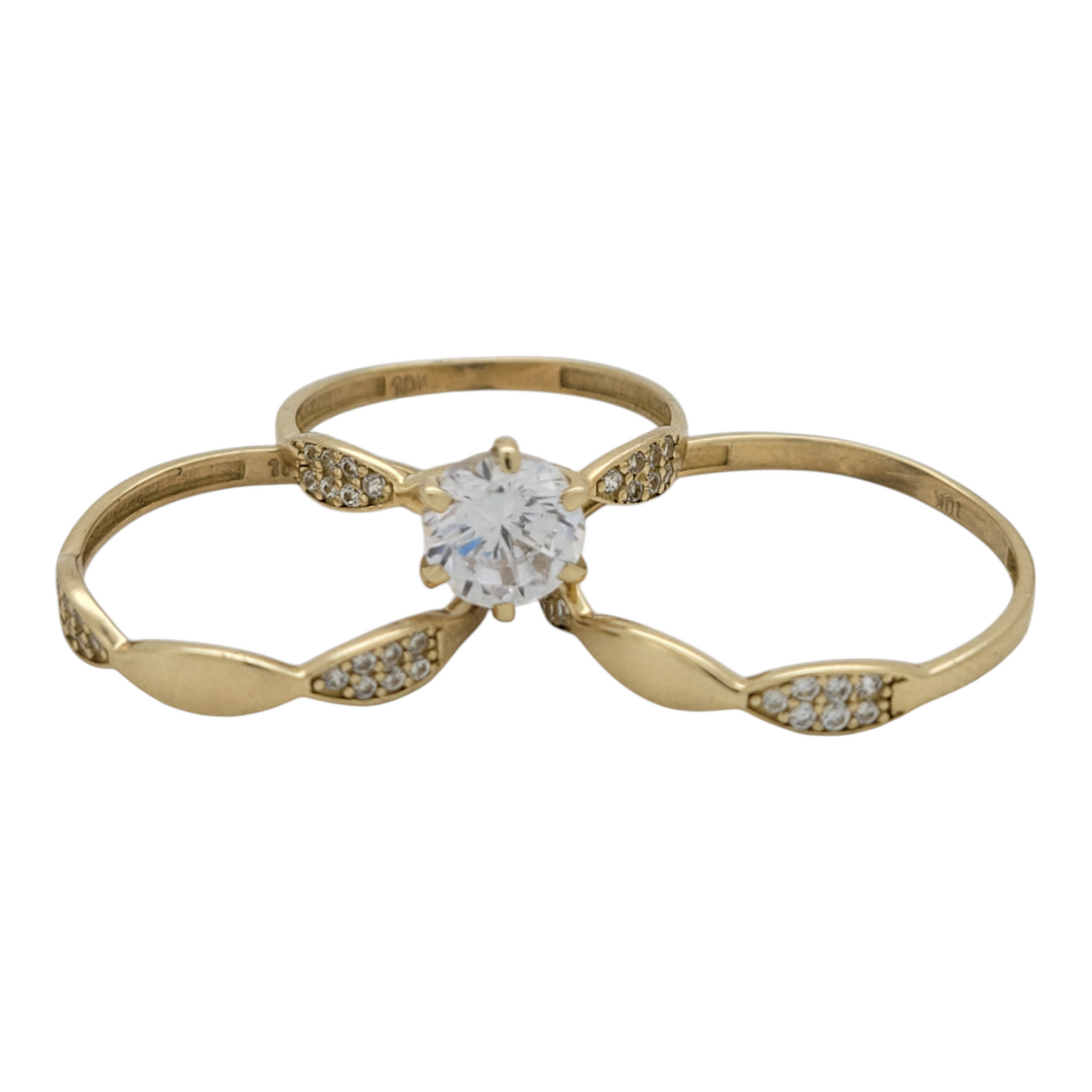 10K gold engagement rings. Trio of rings. Sizes 6.5 and 10. CZ stones.