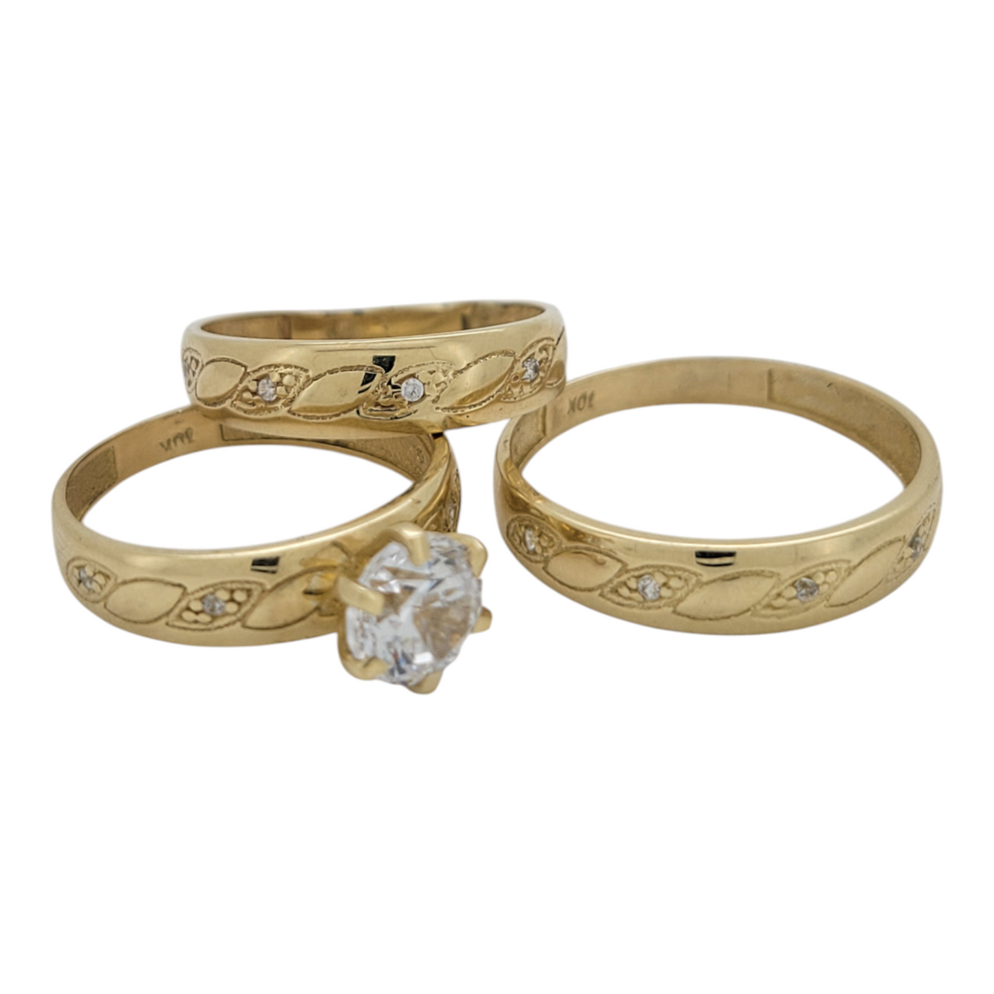 10K Gold Engagement Rings. Trio of rings for women and men. Sizes 6 and 8.5. CZ stone.