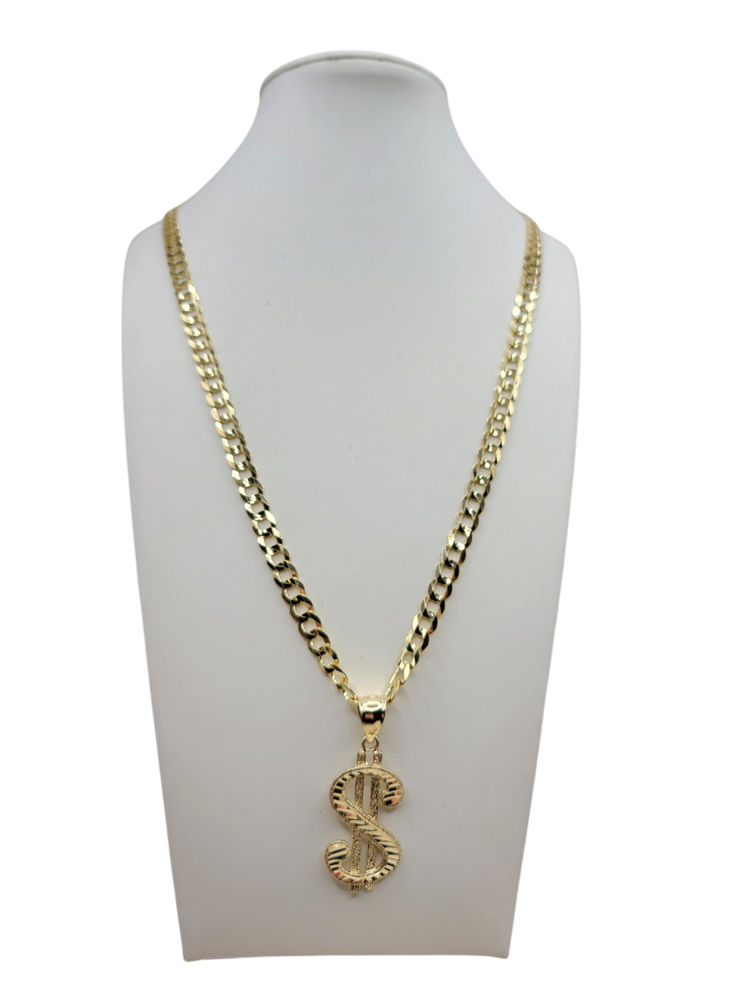 10K gold Cuban chain. Money symbol pendant. 24 inches. 6 mm.