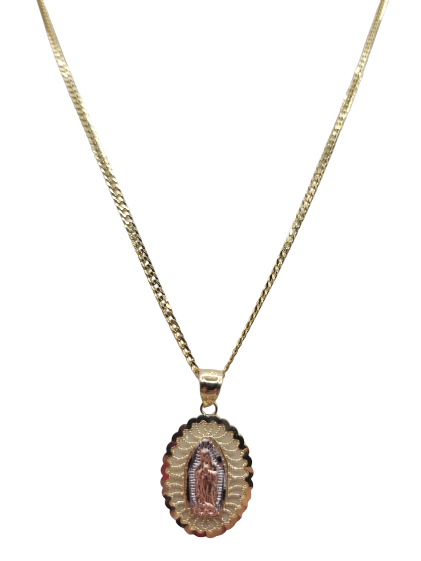 10K gold Cuban chain. Virgin of Guadalupe pendant. 20in . 2mm