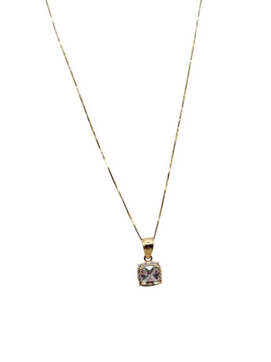 10K Gold Chain. Square Pendant with CZ Stone. 18in. 0.5mm