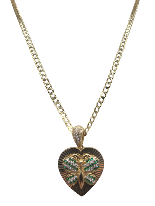 10K gold Cuban chain. Double-edged. Green heart and butterfly pendant. 22in . 3.5mm