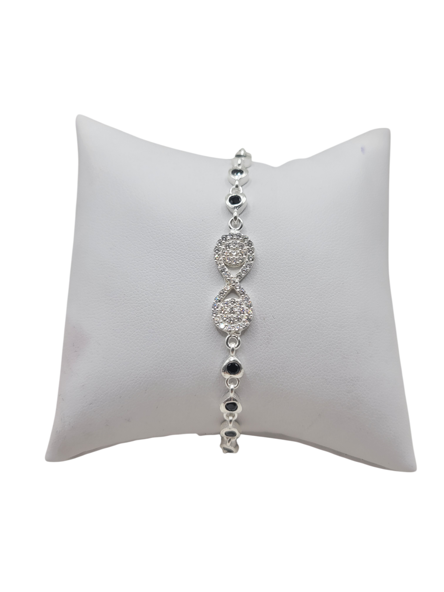 925 sterling silver bracelet. Infinity symbol with black CZ stones. 8 inches. 2mm.