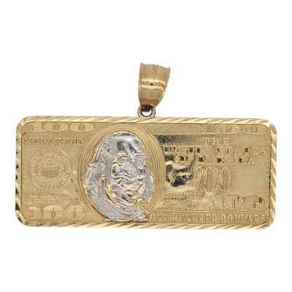 10K gold pendant. 100 dollar bill.