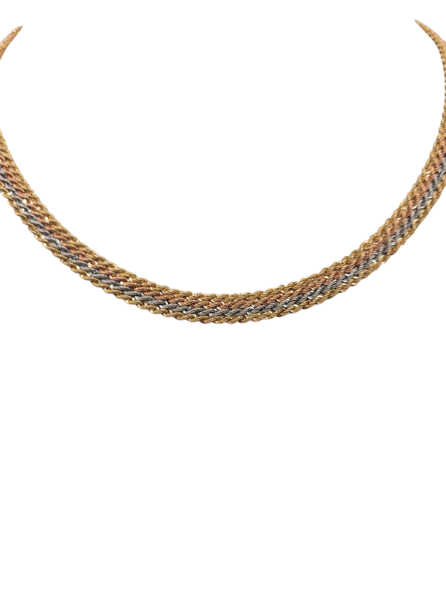 14K gold necklace. Three-color weave. 18in . 7mm