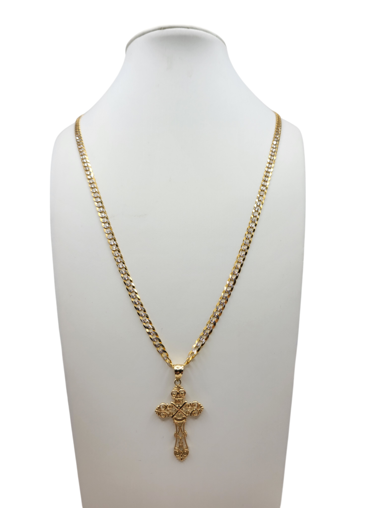 14K Gold Cuban Chain. Woven Cross Pendant. 22in. 4mm